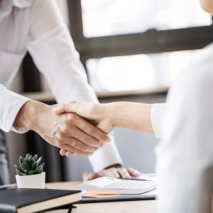 Business executives shaking hands after meeting at office, colleagues management